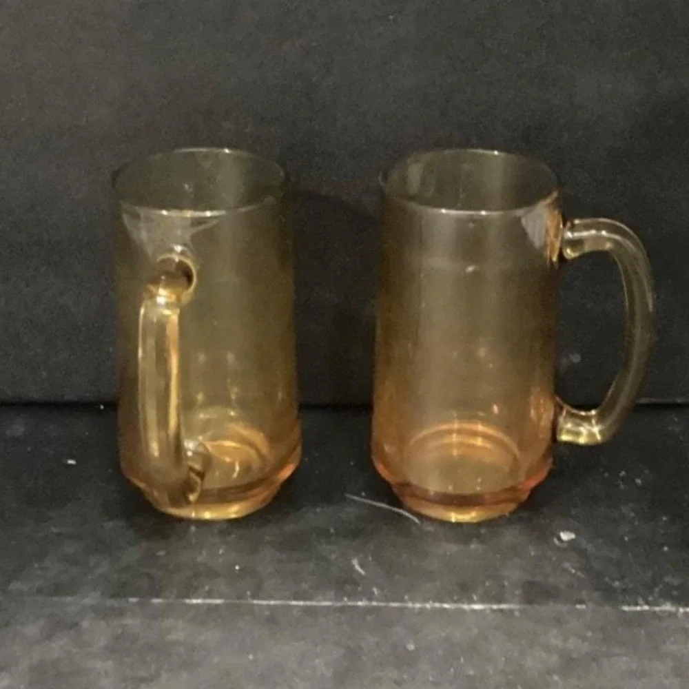 Hazel‎ Atlas Amber Beer Mugs, Set of 2, Vintage Stackable Glasses, Glass Steins